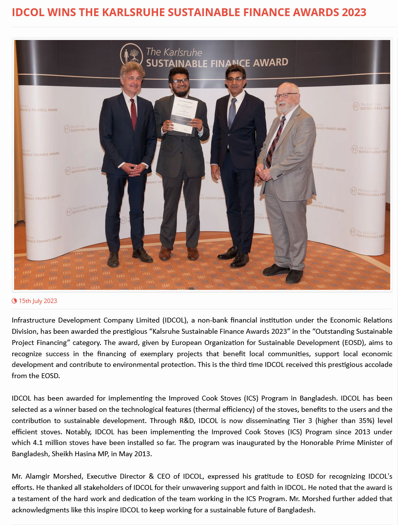 IDCOL Wins the Karlsruhe Sustainable Finance Awards 2023
