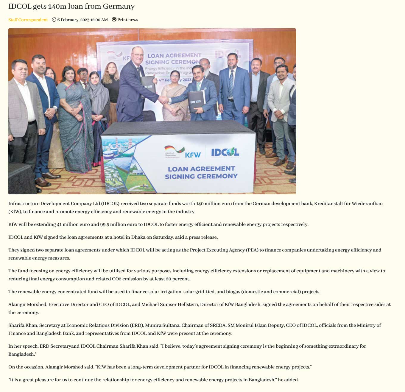 IDCOL gets 140m loan from Germany