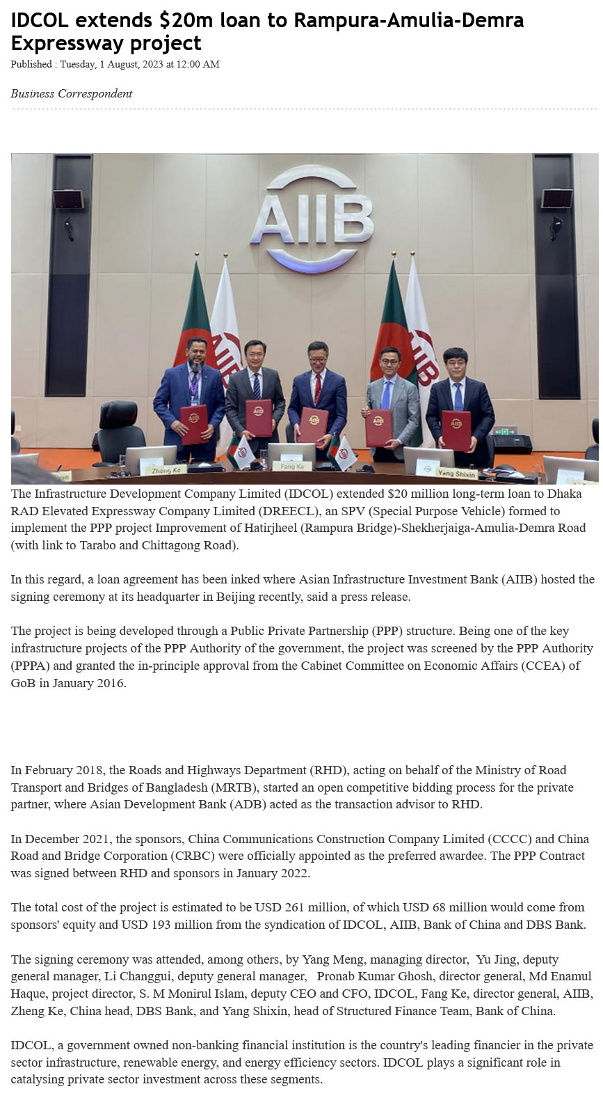 IDCOL extends $20m loan to Rampura-Amulia-Demra Expressway project
